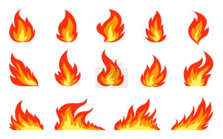 Illustration for Fire flat icon set. Blaze danger warning symbol. Different shapes of abstract orange campfire fiery flame isolated on white background. Red hot bonfire flaming fuel power energy clipart collection - Royalty Free Image