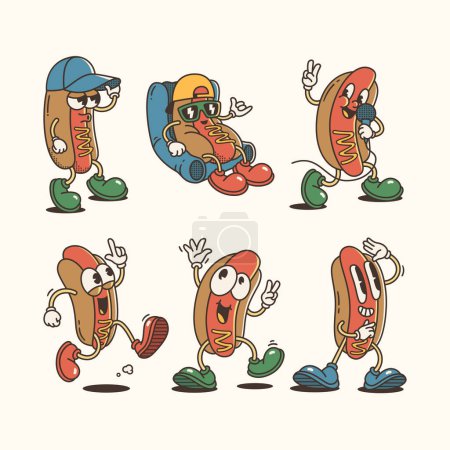Ilustración de Set de personajes de moda Hot Dog y dibujos animados, colección de arte vectorial de carácter vintage - Imagen libre de derechos