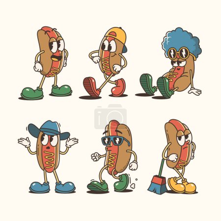 Set mit trendigen Hot Dog und Cartoon-Figuren, Vintage-Vektor-Kunstsammlung