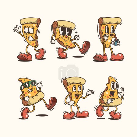 Ilustración de Conjunto de Pizza de moda y personajes de dibujos animados, colección de arte vectorial de carácter vintage - Imagen libre de derechos