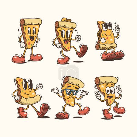 Ilustración de Conjunto de Pizza de moda y personajes de dibujos animados, colección de arte vectorial de carácter vintage - Imagen libre de derechos