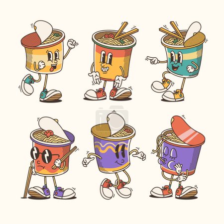 Set of Traditional Cartoon cup noodle mascot Illustration with Varied Poses and Expressions