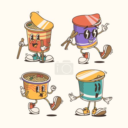 Illustration for Set of Traditional Cartoon cup noodle mascot Illustration with Varied Poses and Expressions - Royalty Free Image