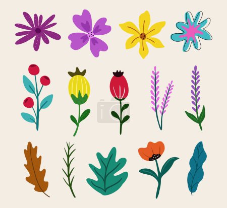 Téléchargez les illustrations : Eléments botaniques tendance, ligne dessinée à la main feuilles branches et floraison - en licence libre de droit