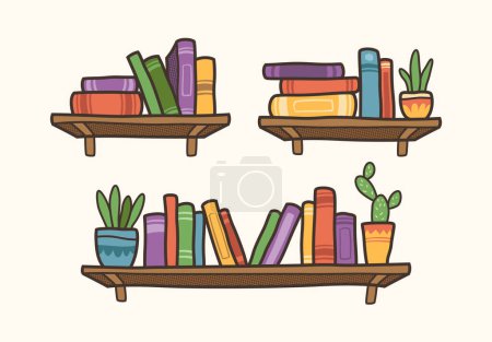 Ilustración de Conjunto de estanterías interiores, estante libro en la biblioteca de la habitación - Imagen libre de derechos