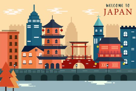 Japan skyline concept flat vector illustration,Travel to Japan concept with skyline and famous buildings landmark