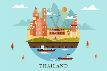 Téléchargez les illustrations : Thaïlande Paysage urbain dans un style géométrique minimal plat, Thaïlande Design plat illustration de paysage urbain - en licence libre de droit