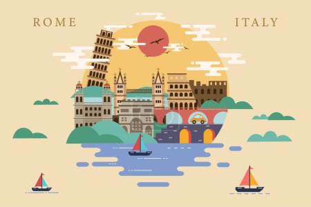 Illustration for Rome italy Urban landscape in a geometric minimal flat style, Rome italy Flat design urban landscape illustration - Royalty Free Image