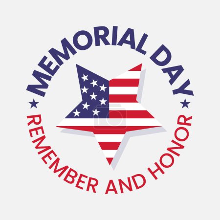 Memorial Day emblem with American flag in a star shape. Remember and honor logo. Memorial holiday for American independence day. Red and blue color. 