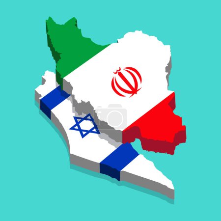 Iran and Israel map isolated with 3d flag. Iran VS Israel, Israel and Iran War concept. Two countries flag with each other. state flags of Islamic Republic of Iran and Israel. Iran Attack Israel