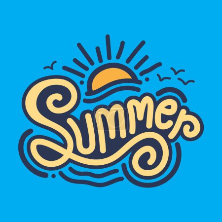 Tipografía dibujada a mano de verano con olas de playa, sol y aves. Paraíso de verano sobre fondo azul océano. Playa Aloha. Camiseta de verano de estilo vintage. 