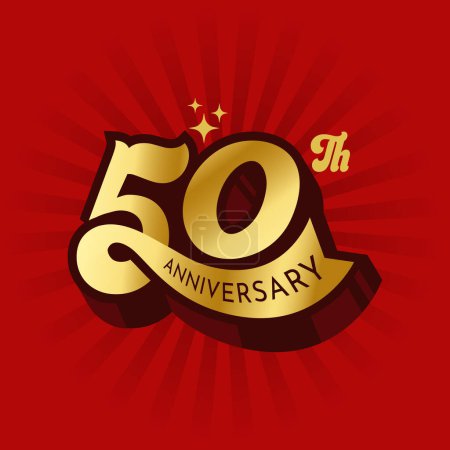 Goldene Farbe 50-jähriges Jubiläum Logo für Unternehmen oder Person 50 Jahre Geburtstag zu feiern. Fünfzig Jahre Jubiläum Luxus-Logo auf rotem Hintergrund. 50-jähriges Jubiläum Typografie mit Schleifenvektor.
