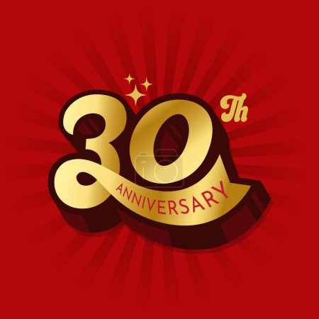 Gold Farbe 30-jähriges Jubiläum Logo für Unternehmen oder Personen feiern 30 Jahre Geburtstag. Dreißig Jahre Jubiläum Luxus-Logo auf rotem Hintergrund. 50-jähriges Jubiläum Typografie mit Schleifenvektor.