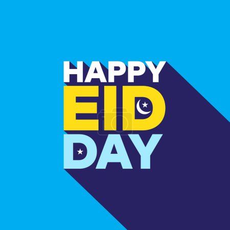 Happy Eid Day modernes Typografie-Vorlagendesign auf blauem Hintergrund mit langem Schatten. Eid al Adha Banner, Plakat, Grußkarte mit Mond und Sternen. Text zum Eid Mubarak.