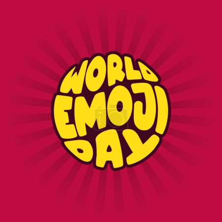 Welt-Emoji-Tag-Logo mit Retro-Text im Comic-Stil auf einem Kreis. Gelbe Farbe fett Spaß Typografie Vektor Illustration auf rotem Hintergrund. Emoji-Plakat, Banner, Grußkarte, Flyer, Aufkleber-Design.