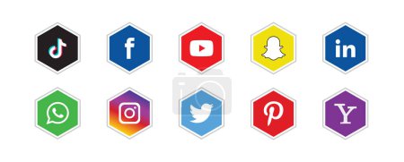 Ilustración de Realistic social media logotype collection: whatsapp, instagram, twitter, tiktok, facebook, youtube - Imagen libre de derechos