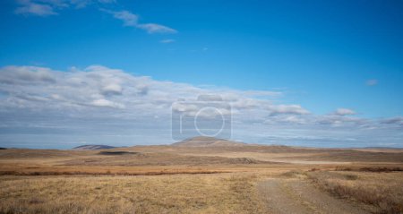 Téléchargez les photos : Savane couverte d'herbe jaune sèche et de collines sur le lointain. Des nuages blancs dans le ciel bleu. Désert en Namibie. Une journée chaude. Voyage en Afrique. - en image libre de droit