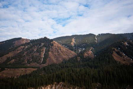 Photo for Densely forested mountain slopes with patches of lingering snow, under a sky with light cloud cover, evoking the essence of a changing season. - Royalty Free Image