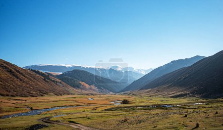 A vibrant valley with a meandering stream and a dirt path, set against a backdrop of forested hills and distant snow-capped mountains under a clear sky.