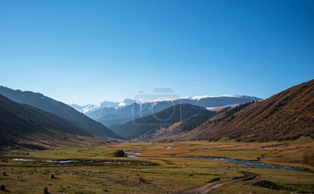 A vibrant valley with a meandering stream and a dirt path, set against a backdrop of forested hills and distant snow-capped mountains under a clear sky.