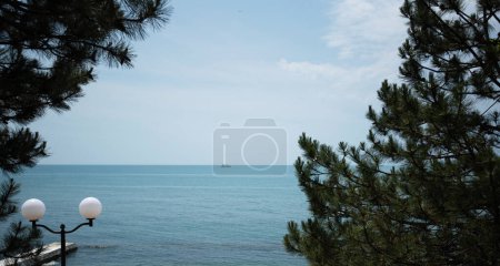 Framed by pine branches, a streetlamp overlooks a serene sea with a distant ship, conveying a peaceful coastal atmosphere on a bright day with scattered clouds.