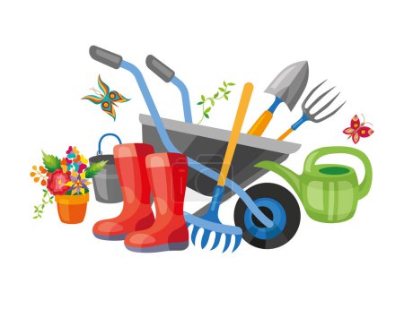Set of various gardening items. Garden tools. Flat design illustration of items for gardening. Vector illustration.