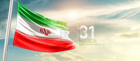 Photo for Iran waving flag in beautiful sky with sun - Royalty Free Image