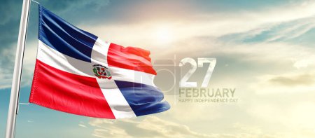 Foto de Dominican Republic waving flag in beautiful sky with sun - Imagen libre de derechos