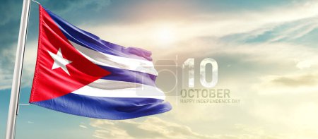 Photo for Cuba waving flag in beautiful sky with sun - Royalty Free Image
