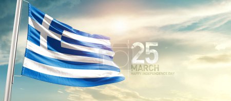 Foto de Greece waving flag in beautiful sky with sun - Imagen libre de derechos