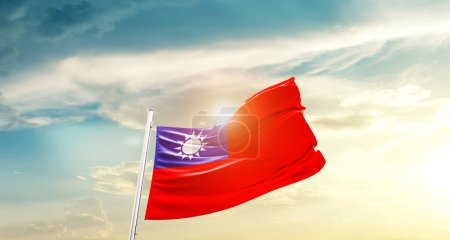 Taiwan waving flag in beautiful sky with sun