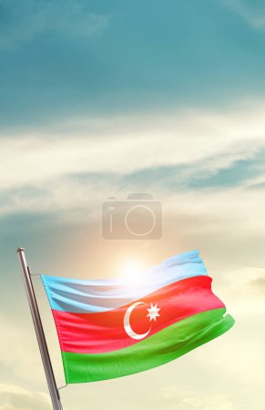 Azerbaijan waving flag in beautiful sky with sun