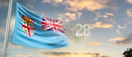 Foto de Fiyi ondeando bandera en el hermoso cielo con nubes - Imagen libre de derechos