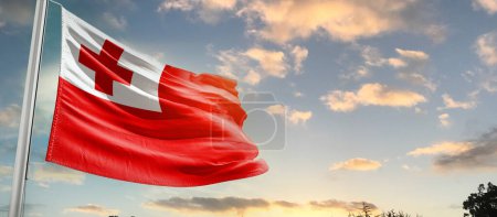 Foto de Tonga ondeando bandera en el hermoso cielo con nubes - Imagen libre de derechos