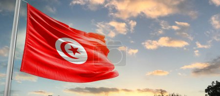Foto de Túnez ondeando bandera en hermoso cielo con nubes - Imagen libre de derechos