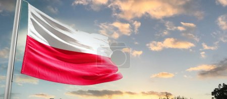 Foto de Polonia ondeando bandera en hermoso cielo con nubes - Imagen libre de derechos