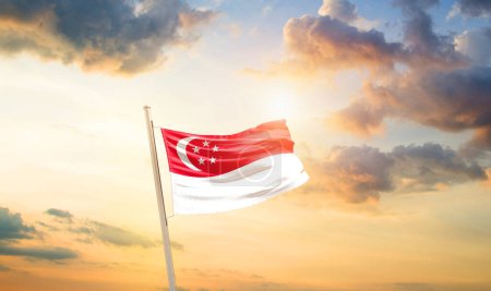 Photo for Singapore waving flag in beautiful sky with clouds and sun - Royalty Free Image