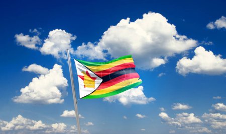 Foto de Zimbabue ondeando bandera en el hermoso cielo con nubes - Imagen libre de derechos