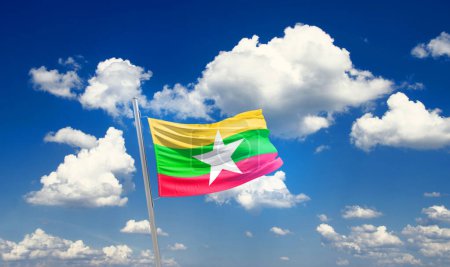 Foto de Myanmar ondeando bandera en el hermoso cielo con nubes - Imagen libre de derechos