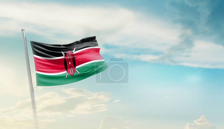 Kenya waving flag against blue sky with clouds