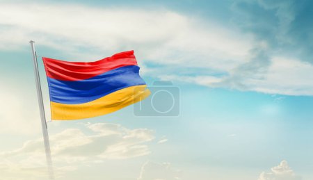 Photo for Armenia waving flag in beautiful sky. - Royalty Free Image