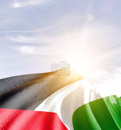 Palestine national flag waving in beautiful clouds with sun