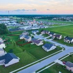 Image of Suburban neighborhood in midwest America Indiana aerial during dusk