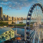 Image of Navy Pier in Chicago by ferris wheel with Chicago skyline
