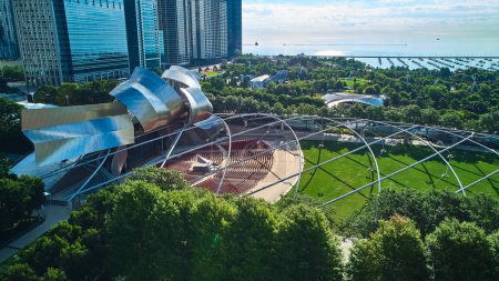 Photo for Image of Pavilion in Millennium Park Chicago with view of docks and Lake Michigan - Royalty Free Image