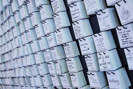 Photo for Image of Wall covered in handwritten notes for facts about life from random people - Royalty Free Image