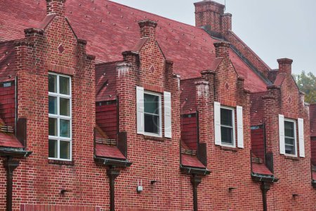 Photo for Image of Detail top windows of old brick building with four overlooks - Royalty Free Image