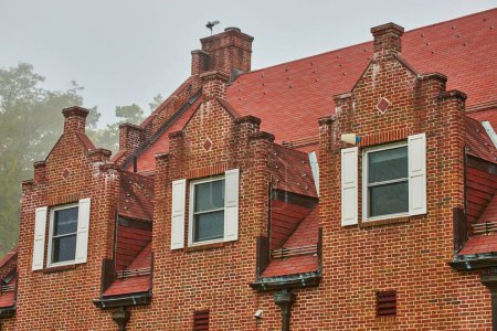 Photo for Image of Trio of windows in attic from outside of old brick building on foggy morning - Royalty Free Image