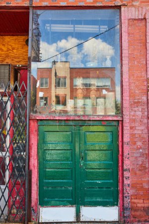 Téléchargez les photos : Image de ruelle grandes portes doubles vertes avec affichage en verre au-dessus le long du mur de briques rouges - en image libre de droit