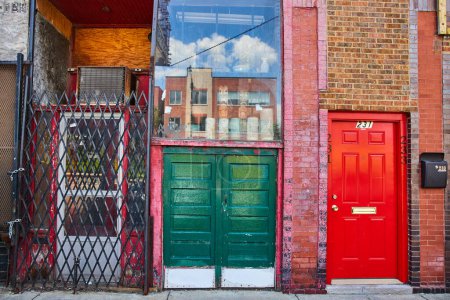 Photo for Image of Alley brick wall with variety of doors and glass window display in Chinatown - Royalty Free Image